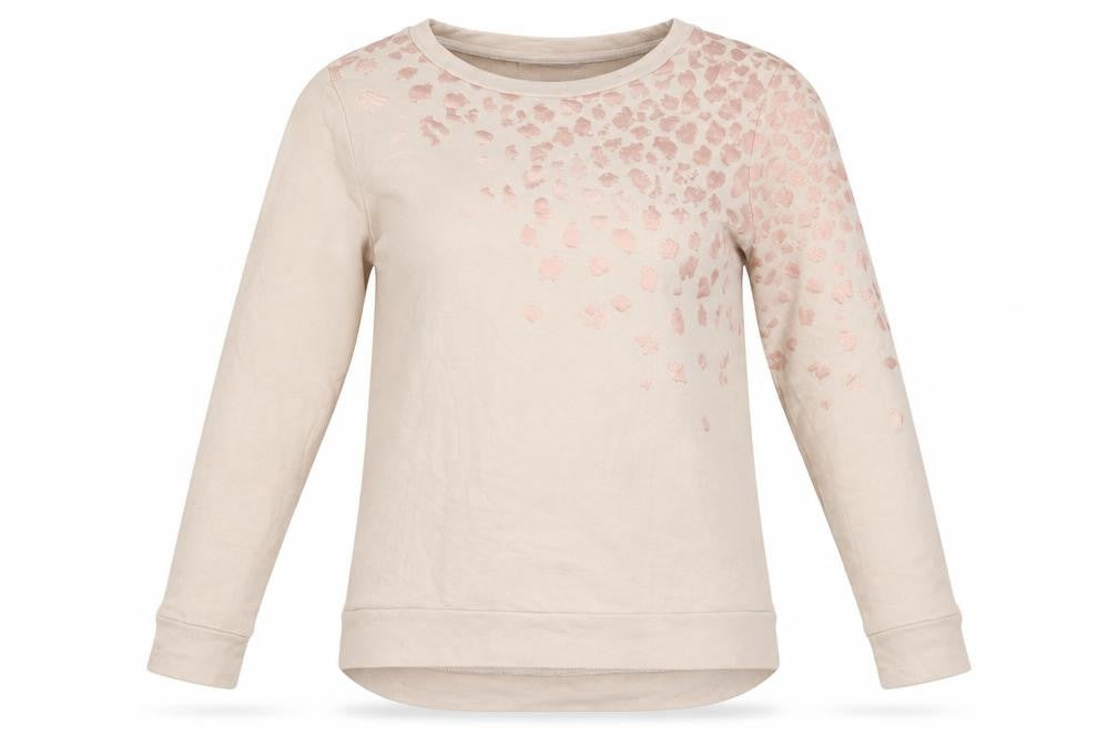 Front view of Oasis women’s beige animal print viscose pullover sweatshirt, size XS, pullover - leopard pattern