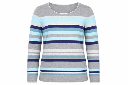 Front view of Bianca women’s multicoloured round neck striped viscose jumper, size UK 12