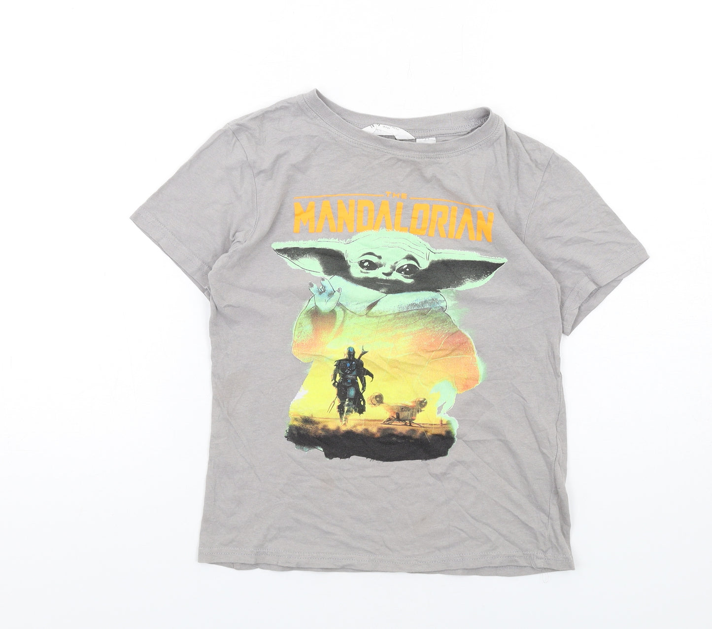H&M Boys Grey Cotton Basic T-Shirt Size 8-9 Years Round Neck Pullover - Mandalorian