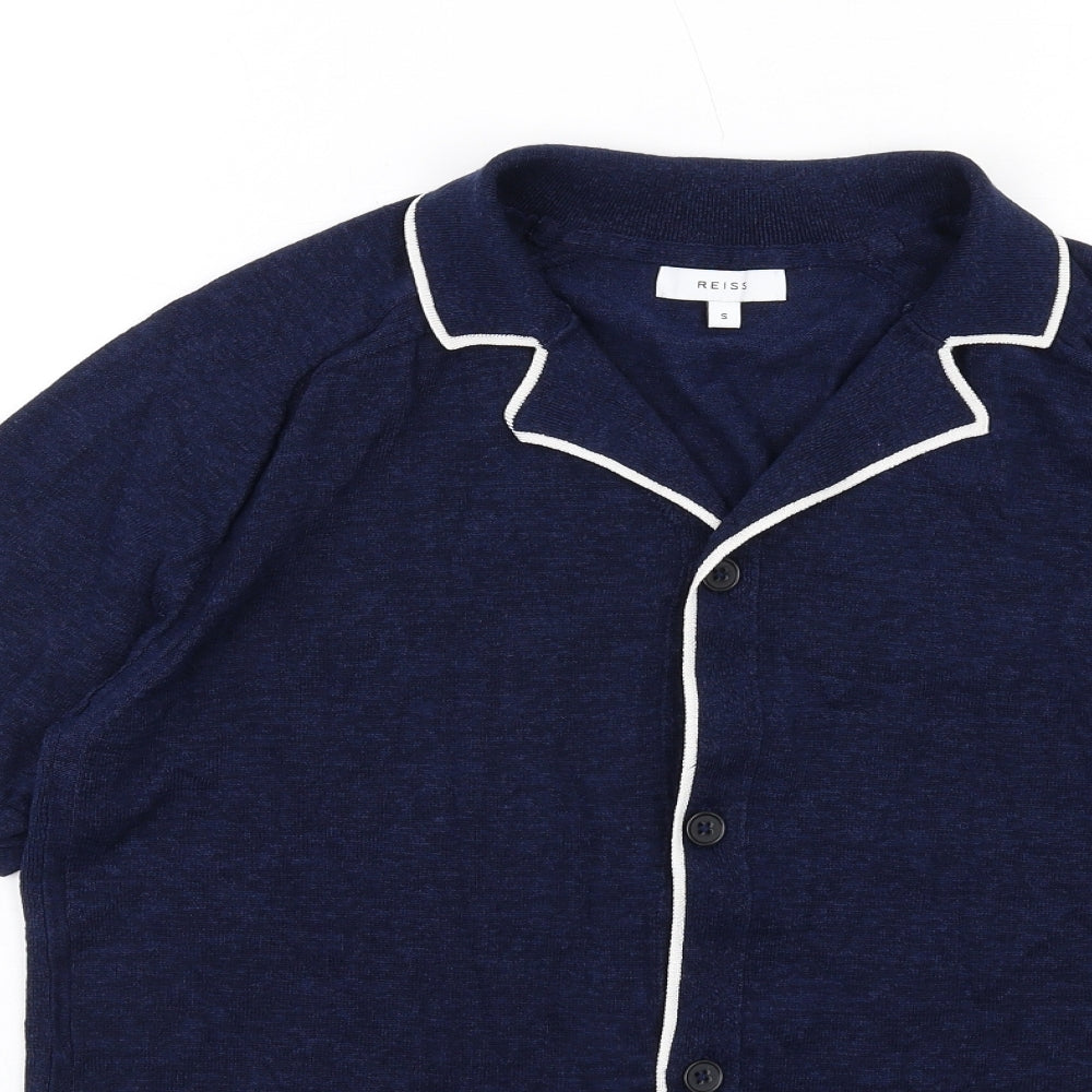 Reiss Mens Blue Linen Button-Up Size S Collared Button