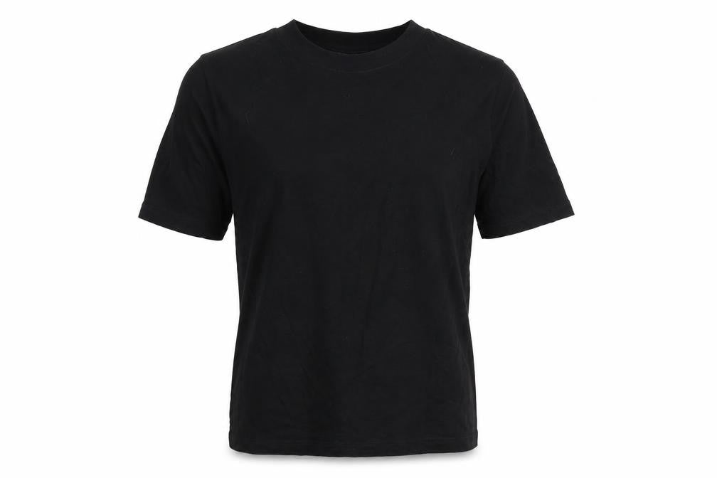 Front view of Collusion women’s black cotton basic t-shirt, size UK 4, mock neck