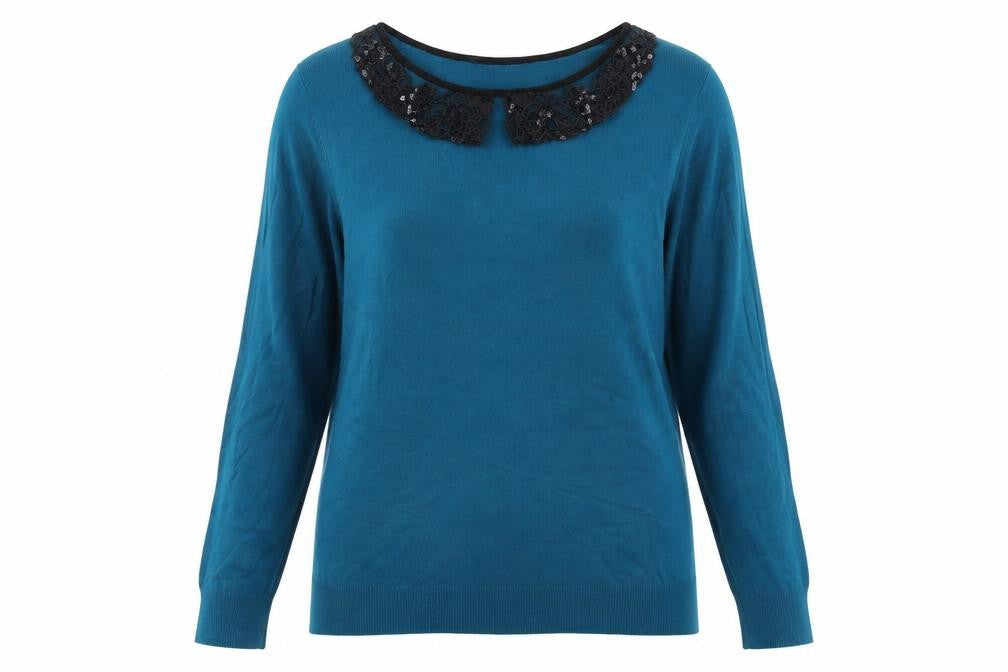 Front view of Bonmarché women’s blue round neck viscose jumper, size UK 12
