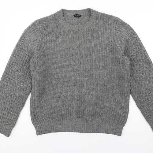 Jaeger Mens Grey Crew Neck Wool Pullover Jumper Size M Long Sleeve - Elbow patches