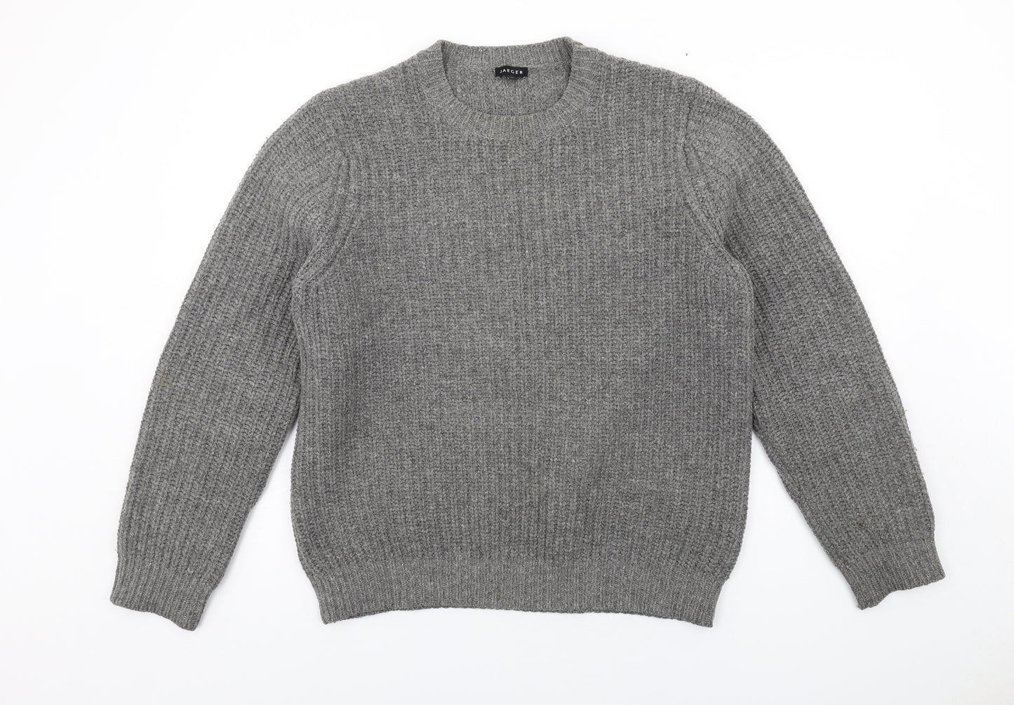 Jaeger Mens Grey Crew Neck Wool Pullover Jumper Size M Long Sleeve - Elbow patches