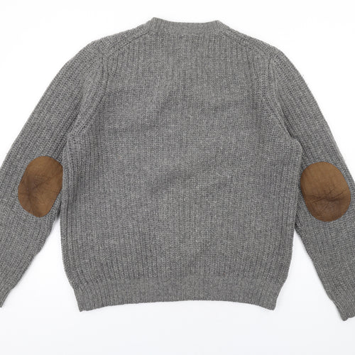 Jaeger Mens Grey Crew Neck Wool Pullover Jumper Size M Long Sleeve - Elbow patches