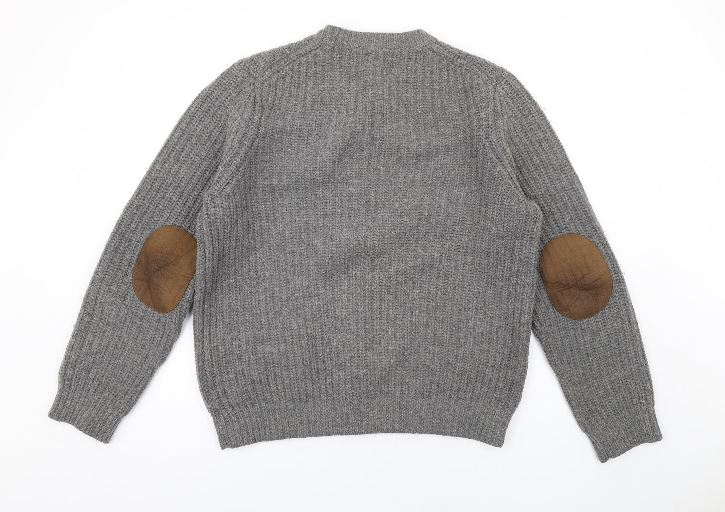 Jaeger Mens Grey Crew Neck Wool Pullover Jumper Size M Long Sleeve - Elbow patches