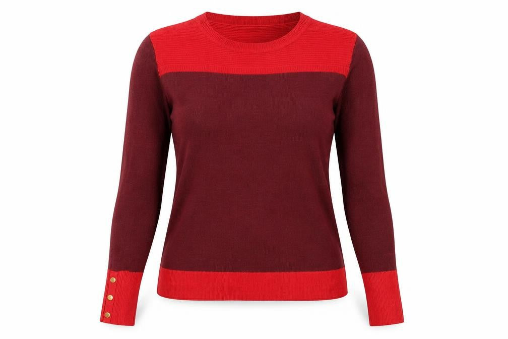 Front view of Classics women’s red round neck acrylic jumper, size UK 8
