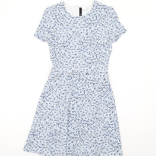 H&M Womens Blue Floral Polyester Skater Dress Size 6 Round Neck Pullover
