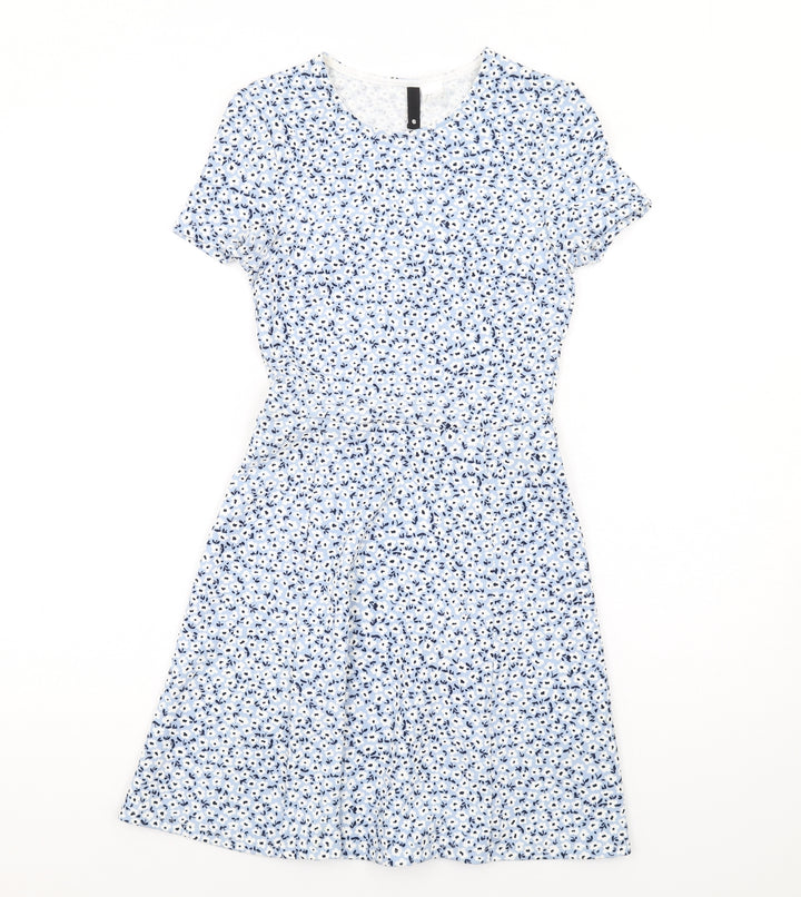 H&M Womens Blue Floral Polyester Skater Dress Size 6 Round Neck Pullover