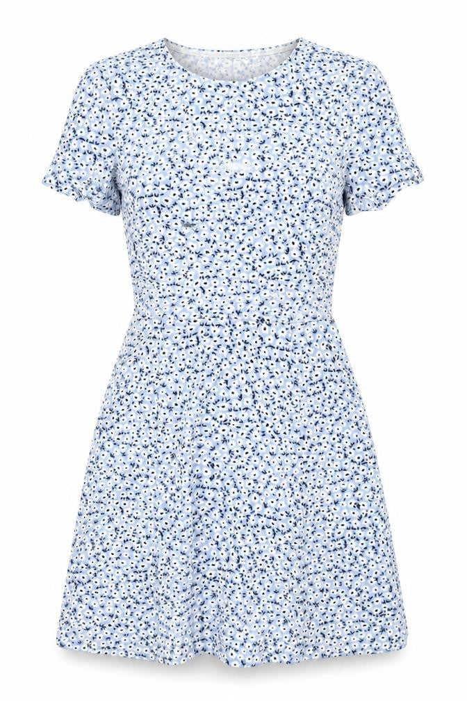 Front view of H&M women’s blue floral polyester skater dress, size UK 6, round neck pullover