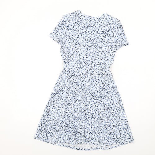 H&M Womens Blue Floral Polyester Skater Dress Size 6 Round Neck Pullover