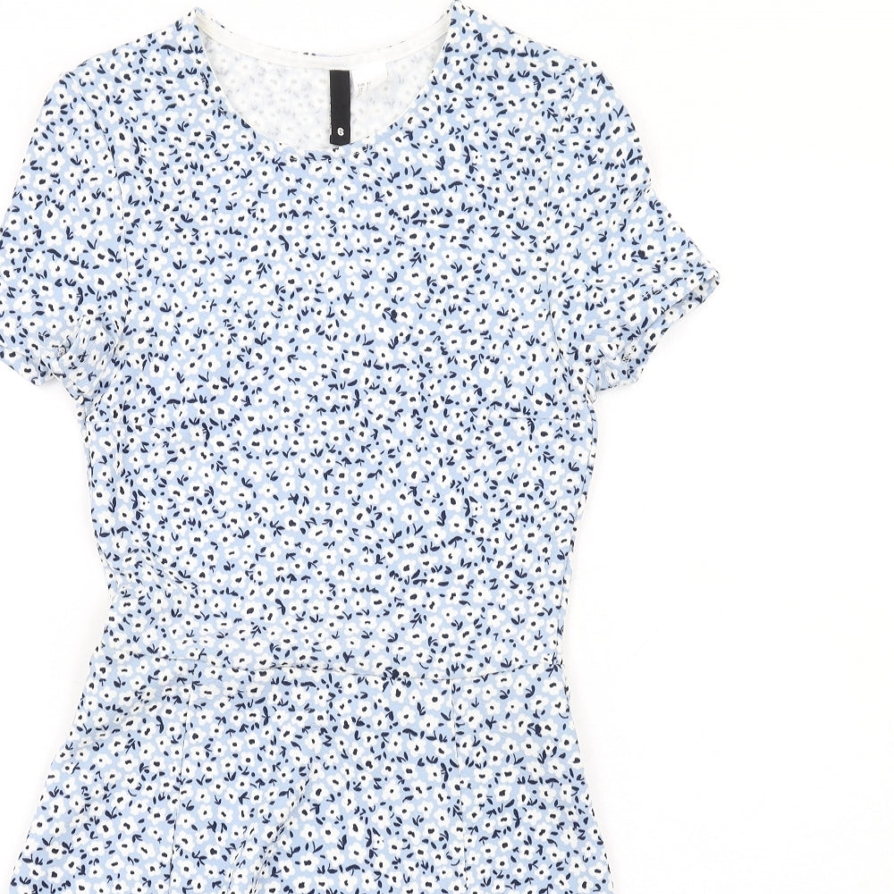 H&M Womens Blue Floral Polyester Skater Dress Size 6 Round Neck Pullover