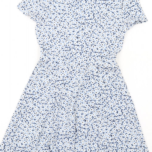 H&M Womens Blue Floral Polyester Skater Dress Size 6 Round Neck Pullover
