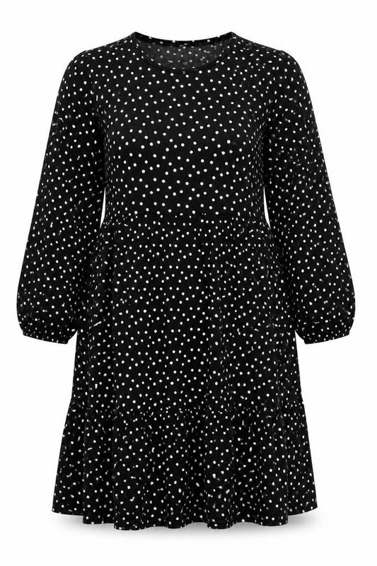 Front view of Zara women’s black polka dot polyester a-line, size L, round neck pullover