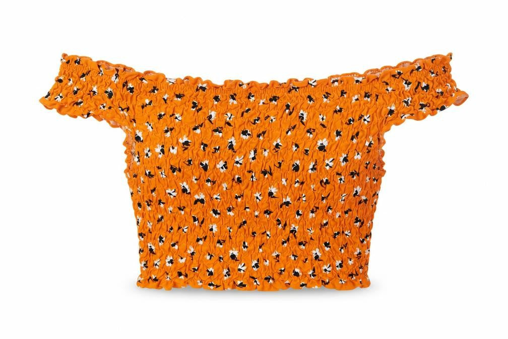 Miss Selfridge Womens Orange Geometric Polyester Cropped Blouse Size 6 Off the Shoulder