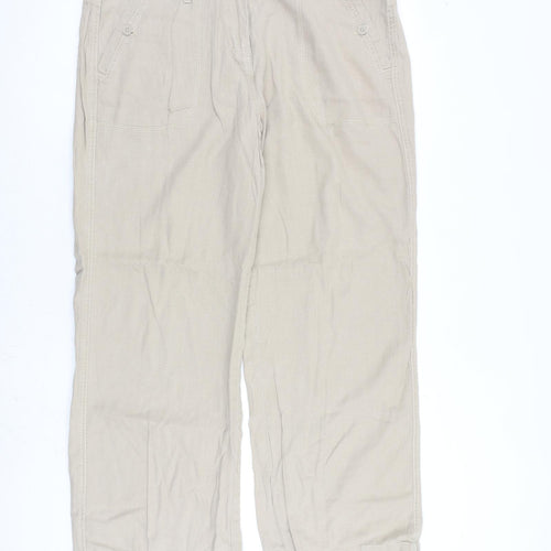 Marks and Spencer Womens Beige Herringbone Flax Trousers Size 16 L30 in Regular Zip