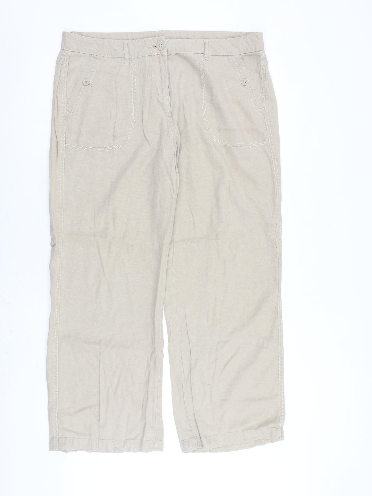 Marks and Spencer Womens Beige Herringbone Flax Trousers Size 16 L30 in Regular Zip