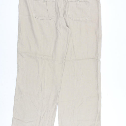 Marks and Spencer Womens Beige Herringbone Flax Trousers Size 16 L30 in Regular Zip