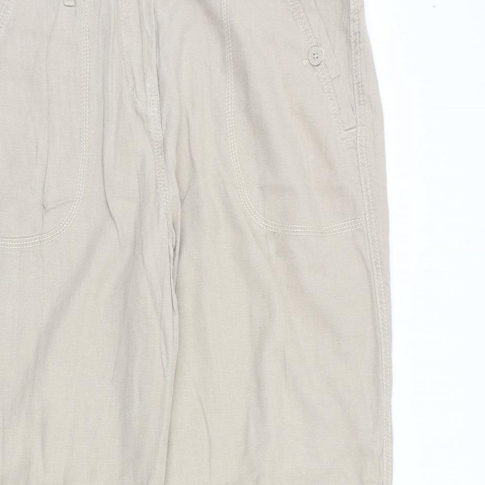 Marks and Spencer Womens Beige Herringbone Flax Trousers Size 16 L30 in Regular Zip