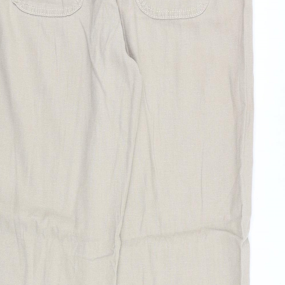 Marks and Spencer Womens Beige Herringbone Flax Trousers Size 16 L30 in Regular Zip