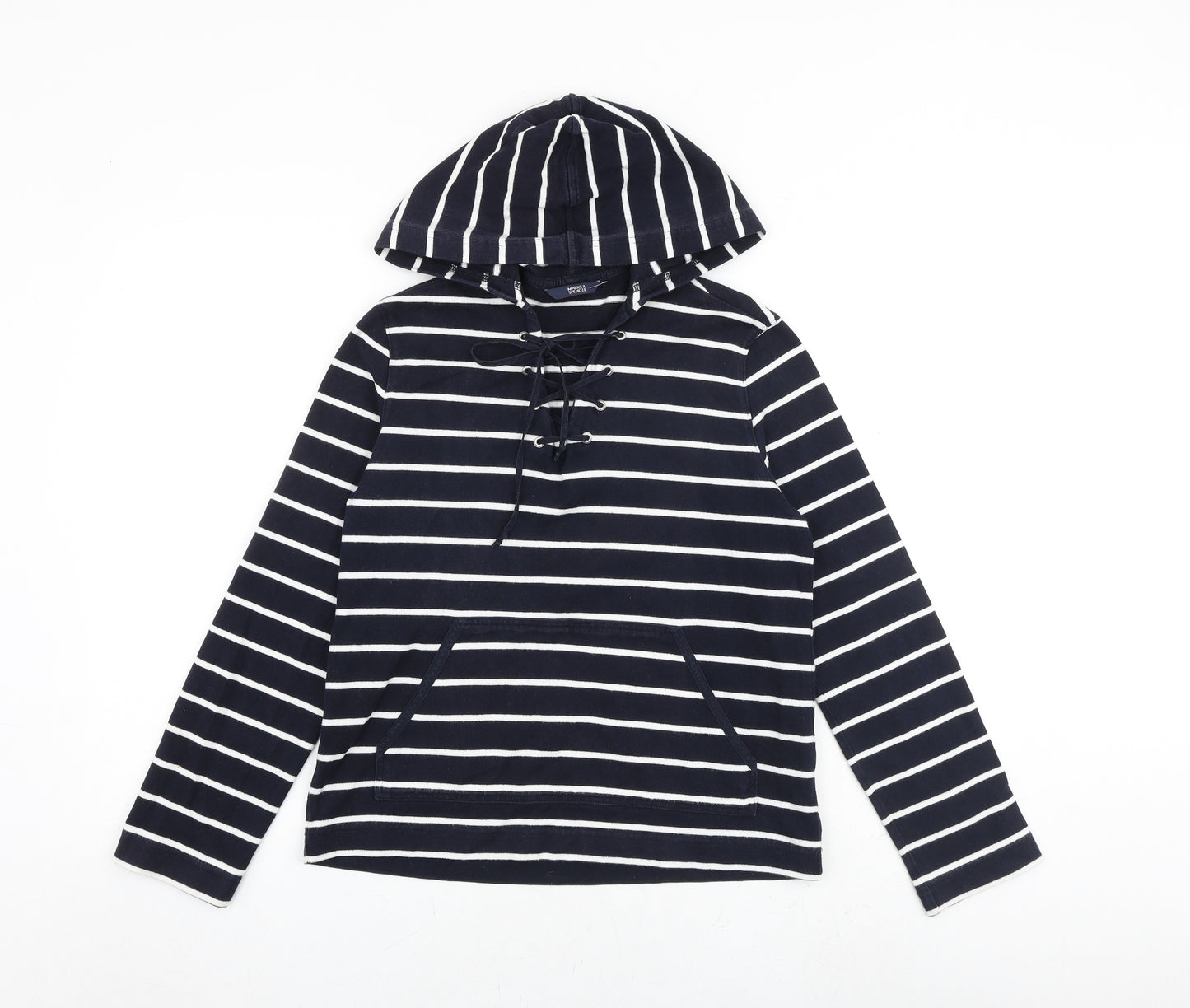 Marks and Spencer Womens Blue Striped 100% Cotton Pullover Hoodie Size 10 Pullover