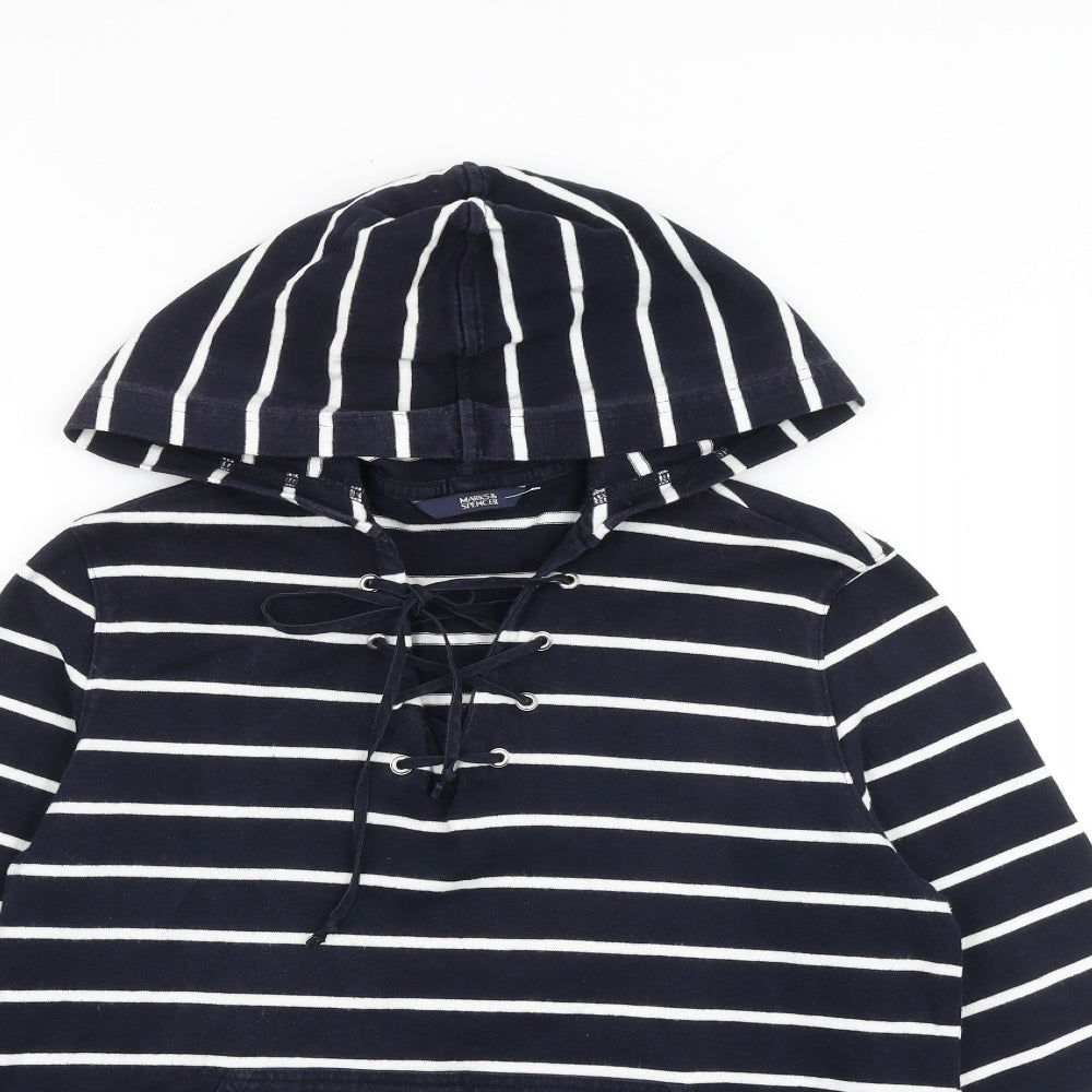 Marks and Spencer Womens Blue Striped 100% Cotton Pullover Hoodie Size 10 Pullover