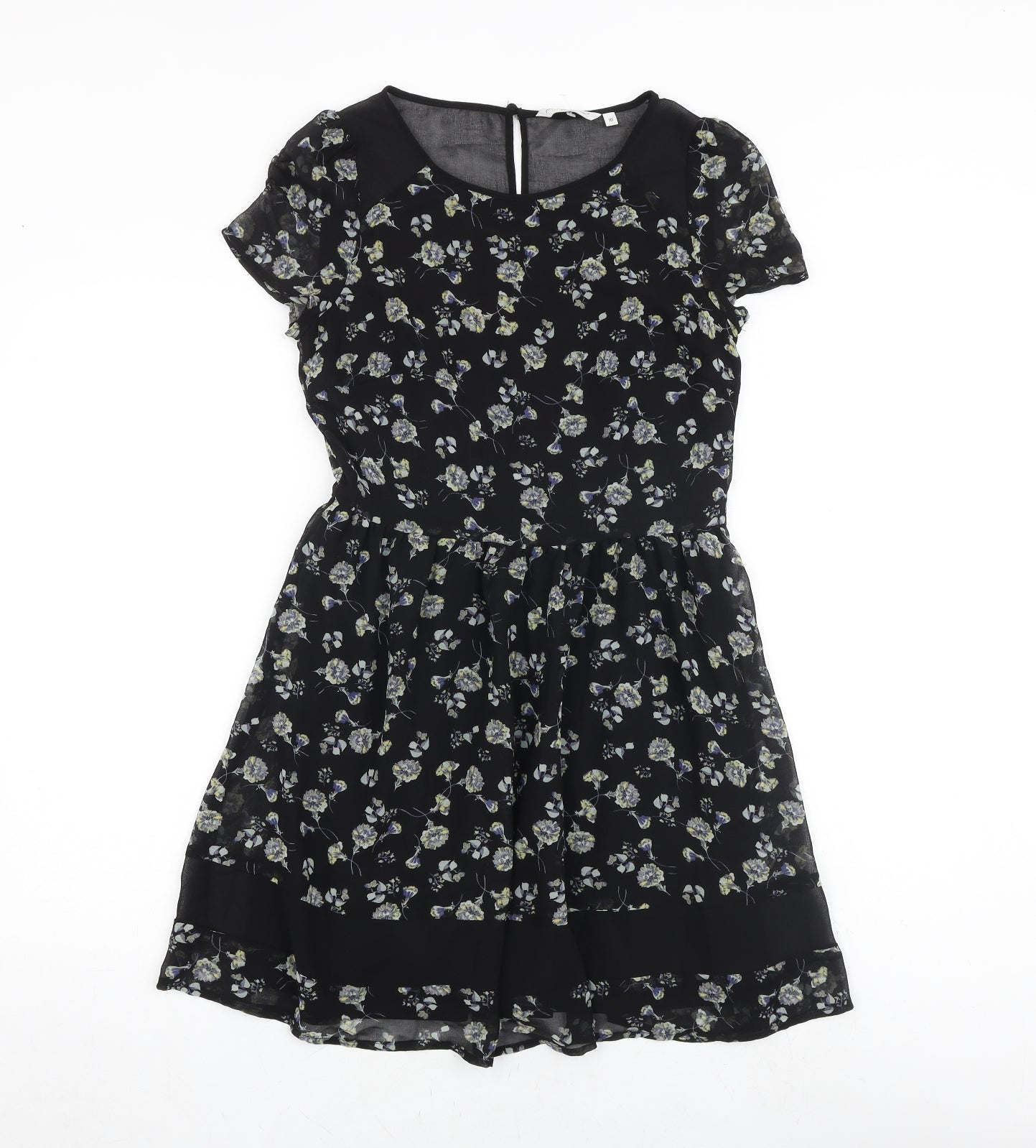 New Look Womens Black Floral Polyester A-Line Size 10 Round Neck Button