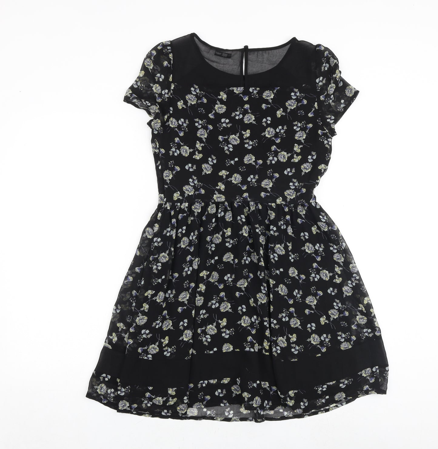 New Look Womens Black Floral Polyester A-Line Size 10 Round Neck Button