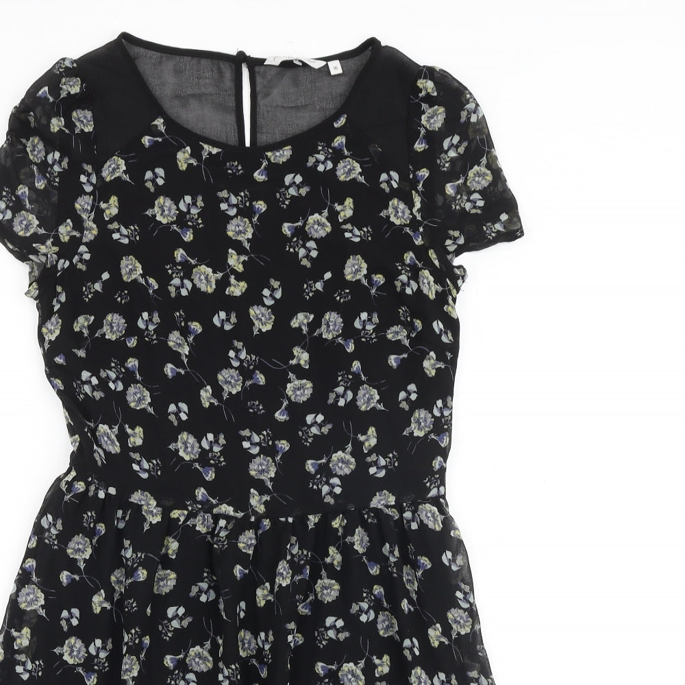 New Look Womens Black Floral Polyester A-Line Size 10 Round Neck Button