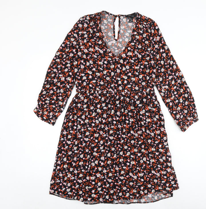 New Look Womens Black Floral Viscose Trapeze & Swing Size 8 V-Neck Button