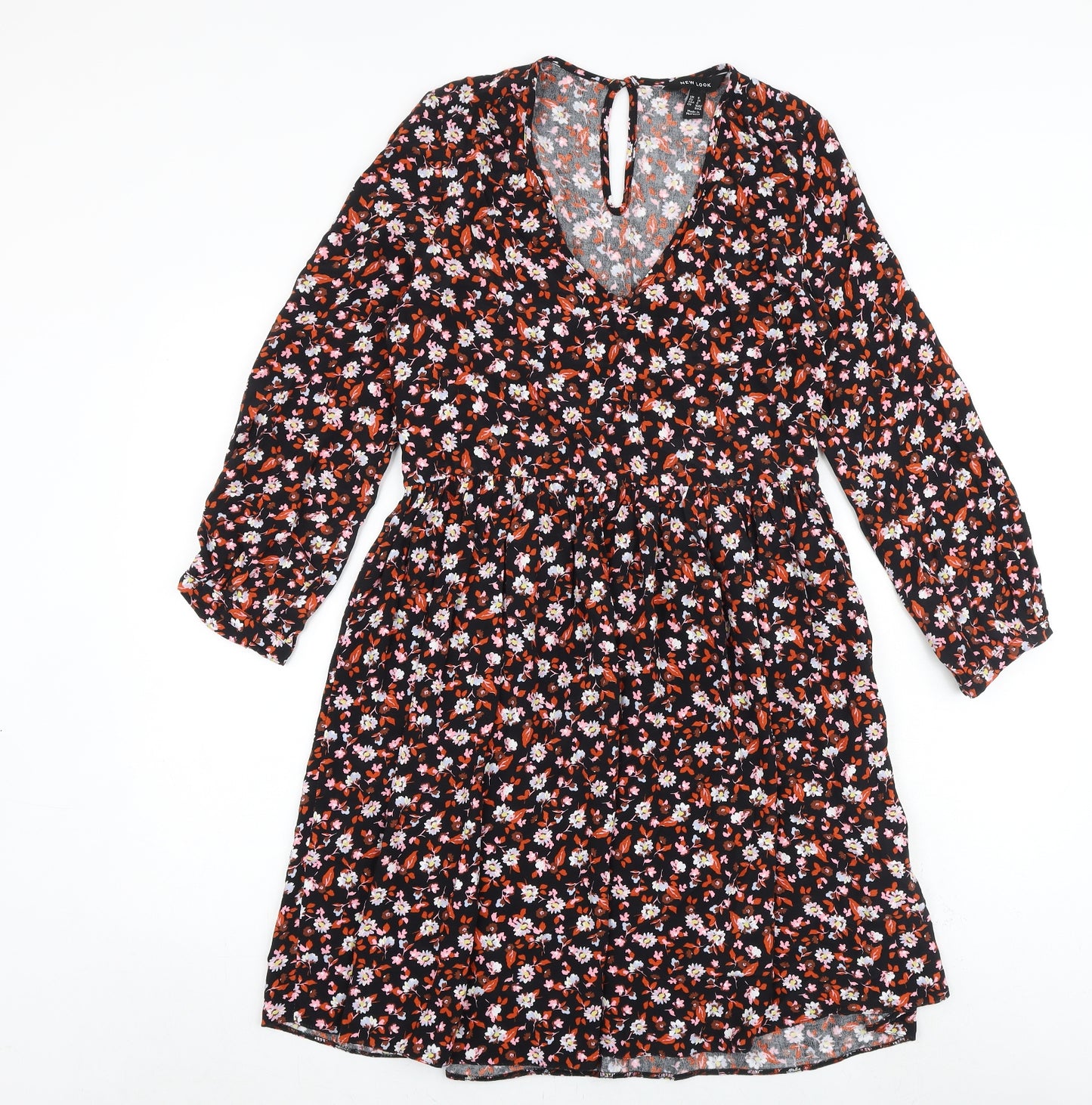 New Look Womens Black Floral Viscose Trapeze & Swing Size 8 V-Neck Button