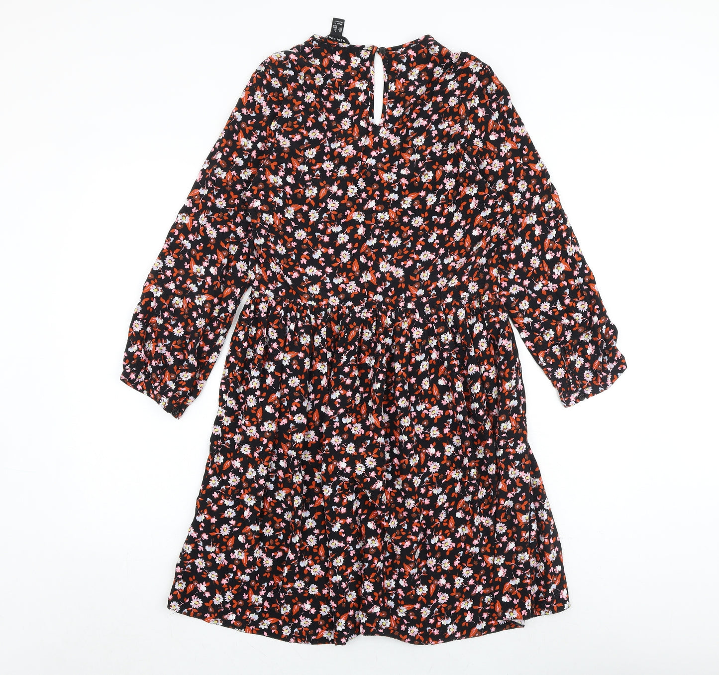 New Look Womens Black Floral Viscose Trapeze & Swing Size 8 V-Neck Button