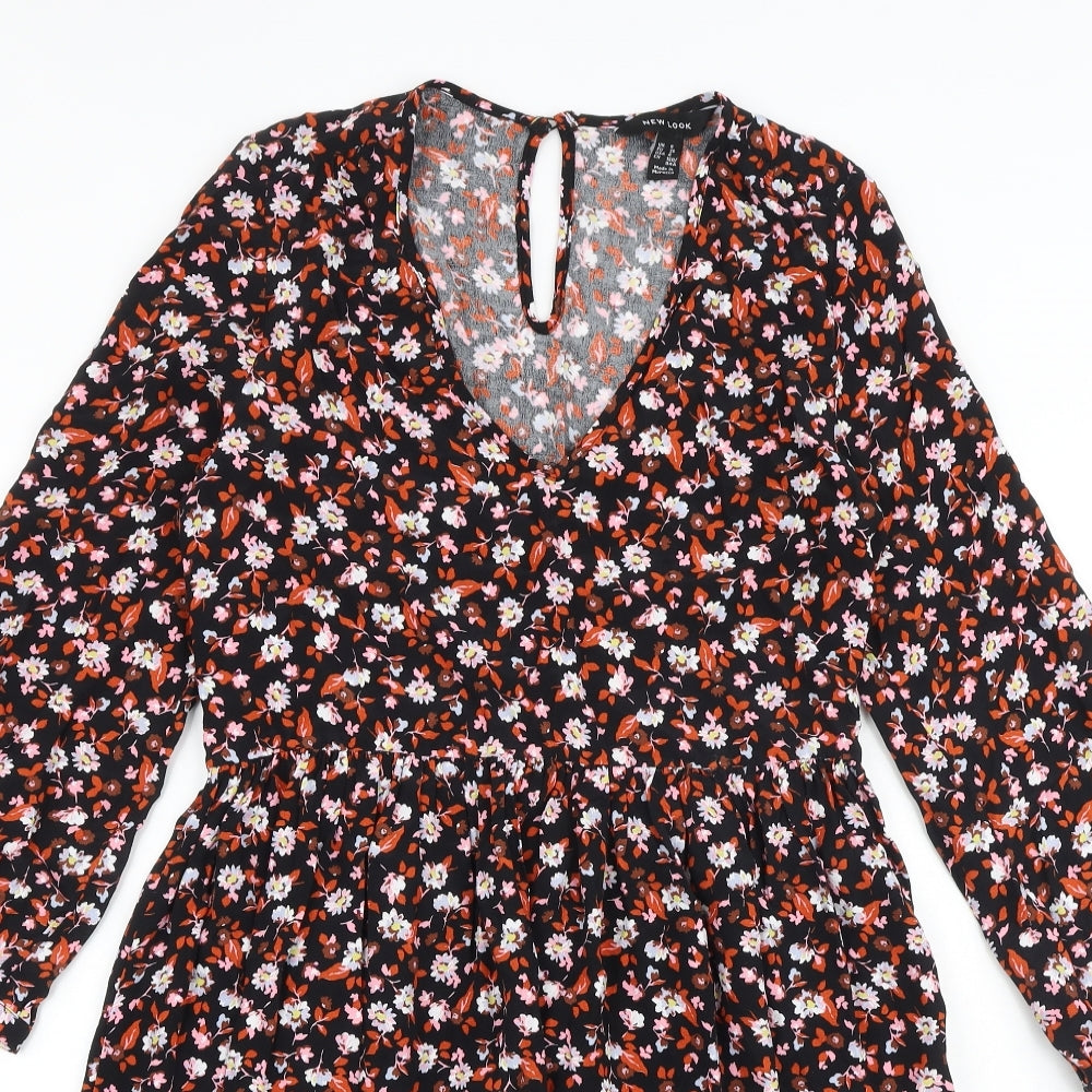 New Look Womens Black Floral Viscose Trapeze & Swing Size 8 V-Neck Button