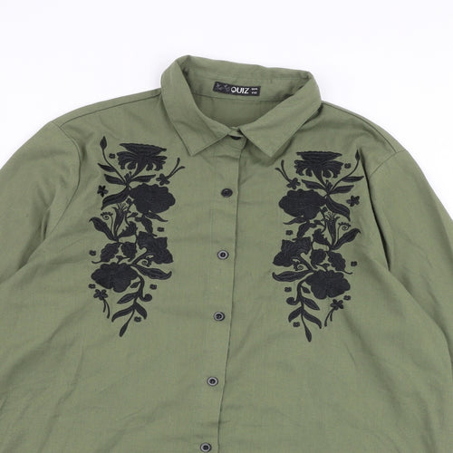 Quiz Womens Green Polyester Basic Button-Up Size 14 Collared - Flower Detail