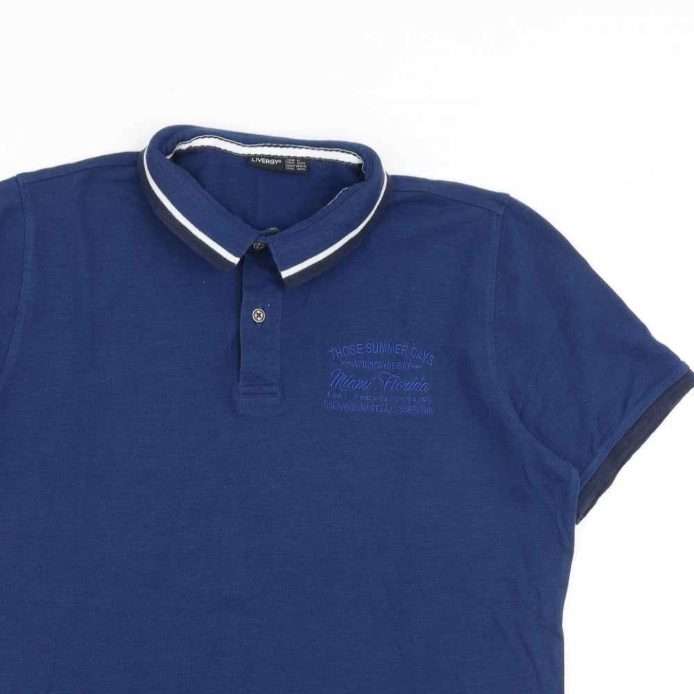 Livergy Mens Blue 100% Cotton Polo Size L Collared Button