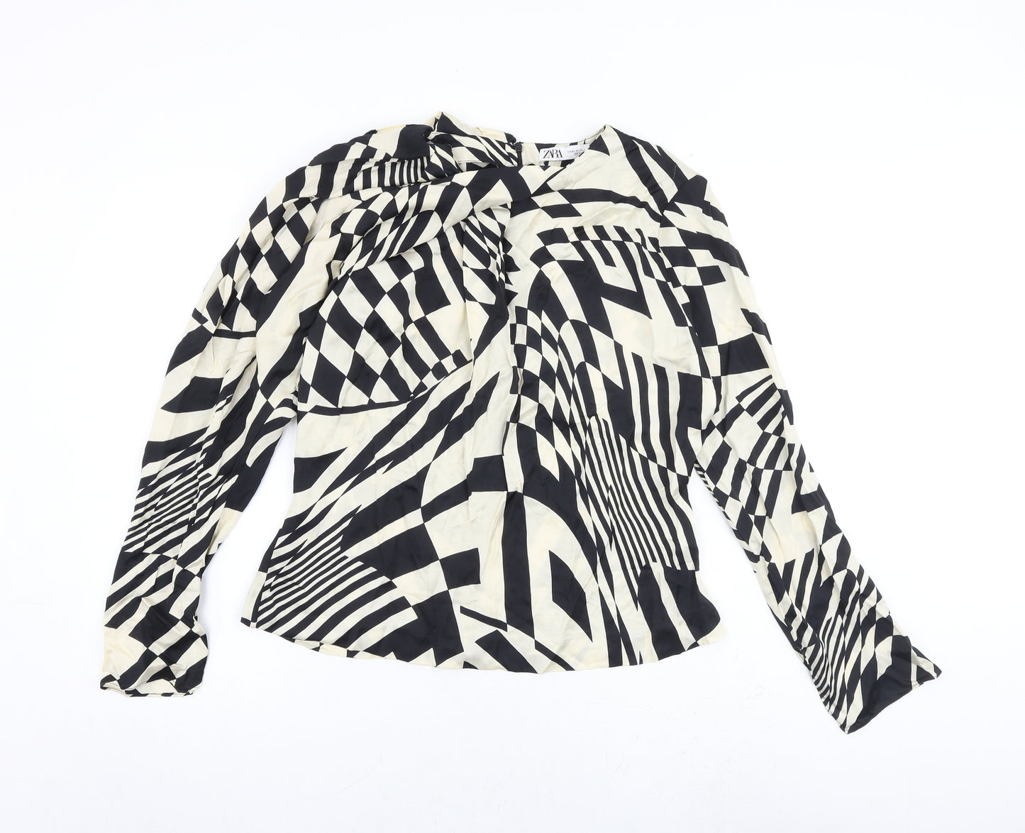 Zara Womens Black Geometric Viscose Basic Blouse Size XL Round Neck