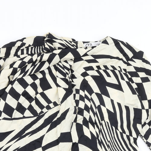 Zara Womens Black Geometric Viscose Basic Blouse Size XL Round Neck