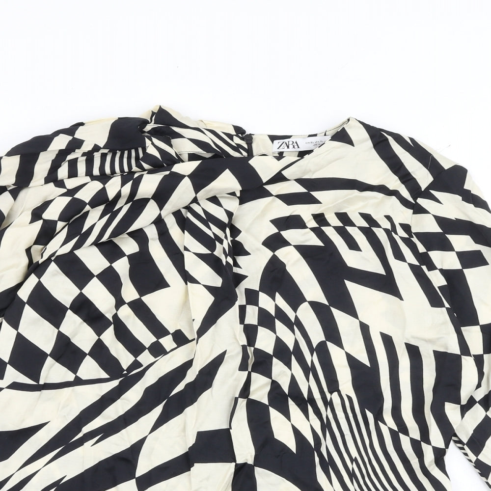 Zara Womens Black Geometric Viscose Basic Blouse Size XL Round Neck