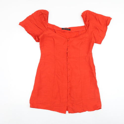 Zara Womens Red Viscose Mini Size L V-Neck Button