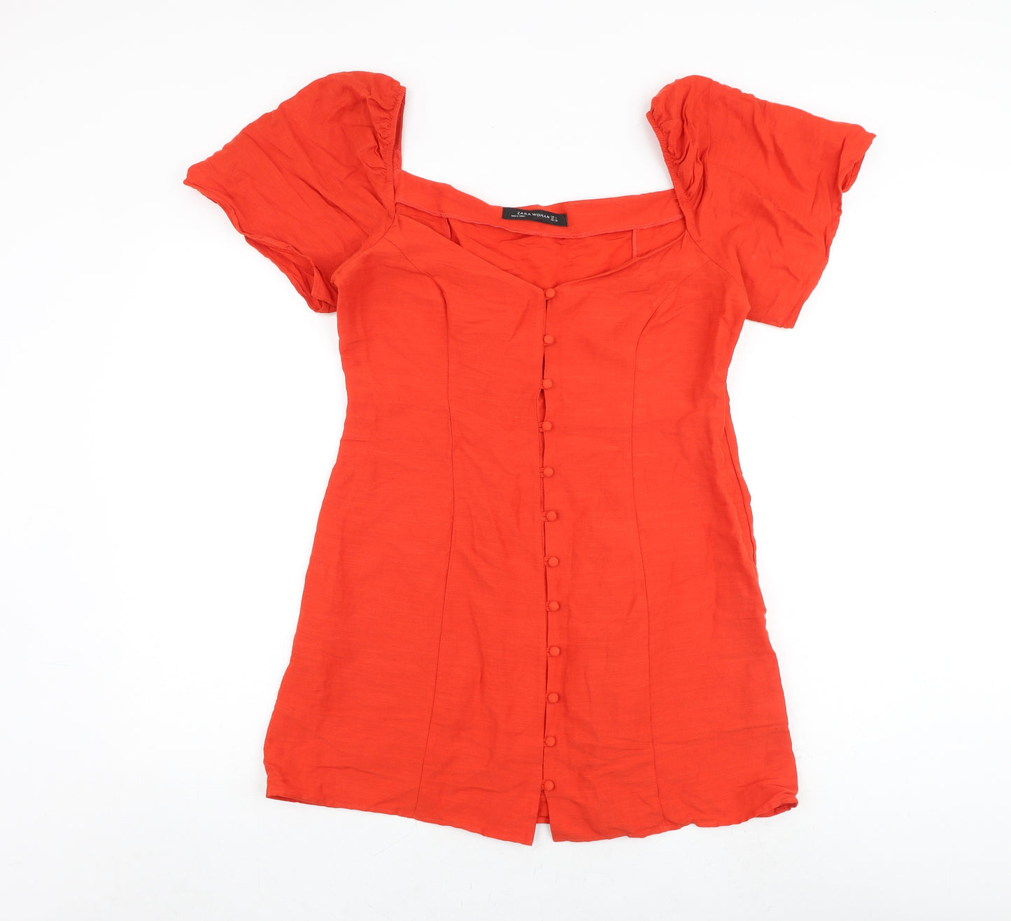 Zara Womens Red Viscose Mini Size L V-Neck Button