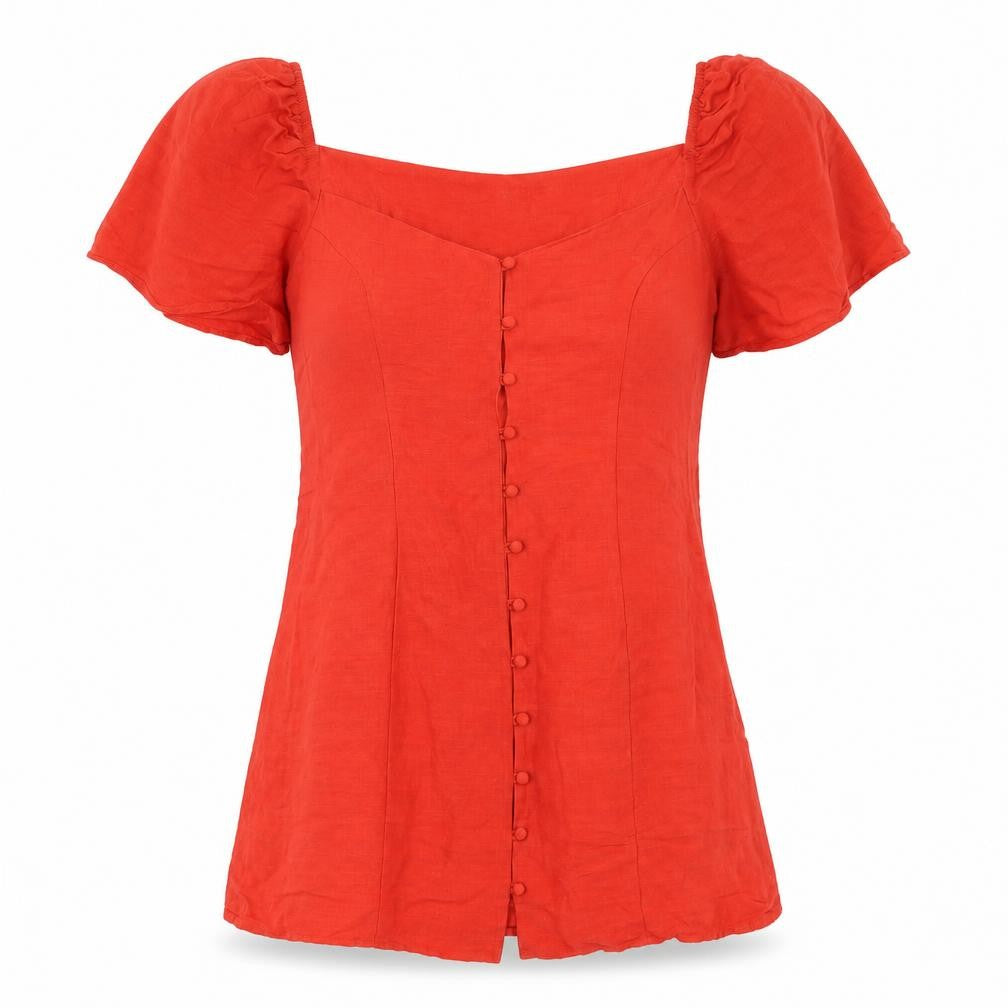 Front view of Zara women’s red viscose mini, size L, v-neck button
