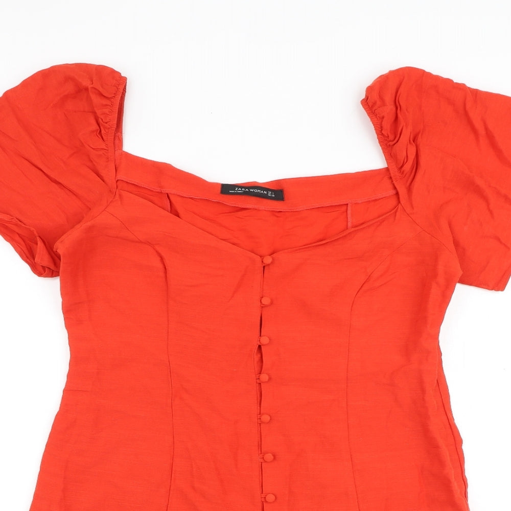 Zara Womens Red Viscose Mini Size L V-Neck Button