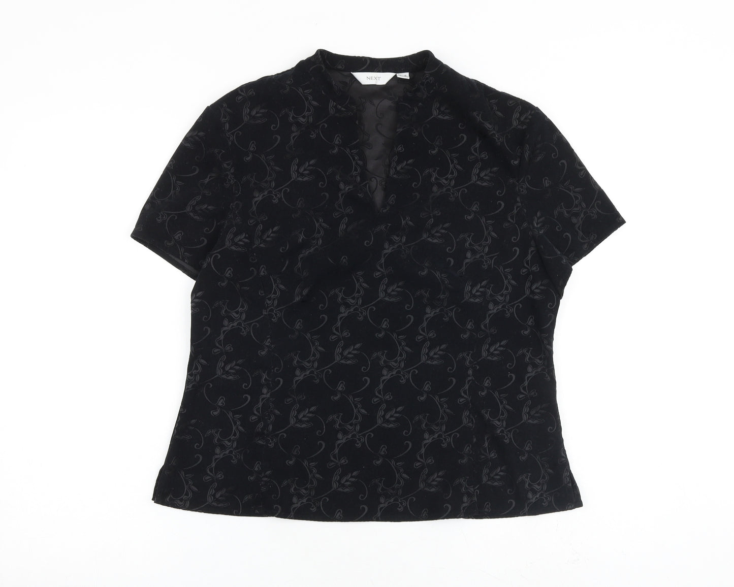 NEXT Womens Black Floral Polyester Basic T-Shirt Size 16 V-Neck