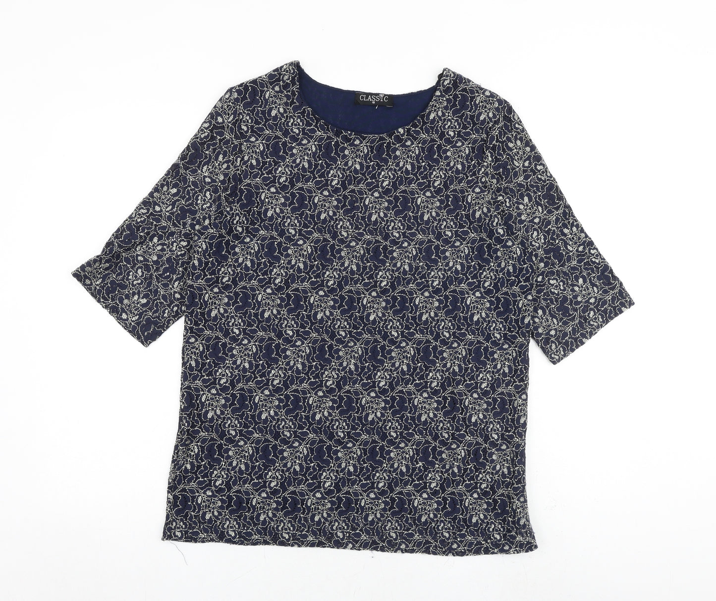 Classic Womens Blue Floral Polyester Basic T-Shirt Size 18 Round Neck