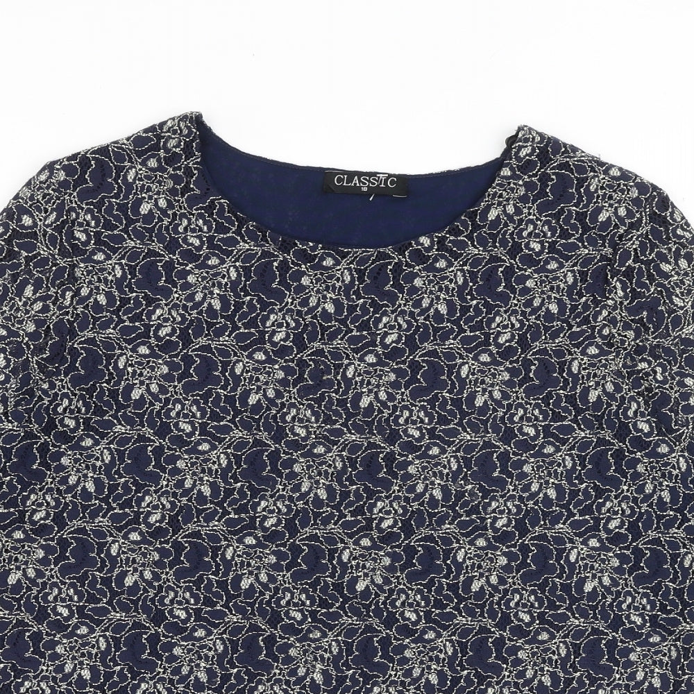 Classic Womens Blue Floral Polyester Basic T-Shirt Size 18 Round Neck