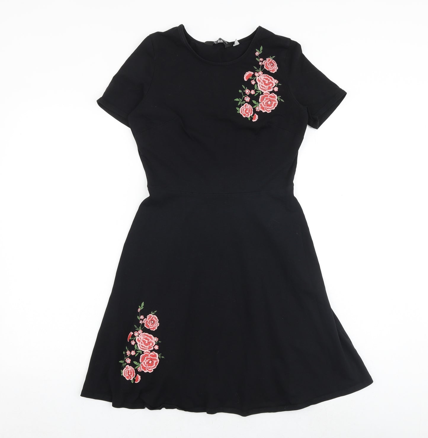 Dorothy Perkins Womens Black Floral Cotton Fit & Flare Size 8 Round Neck Pullover