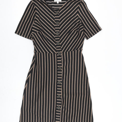Warehouse Womens Black Striped Polyester A-Line Size 8 V-Neck Button