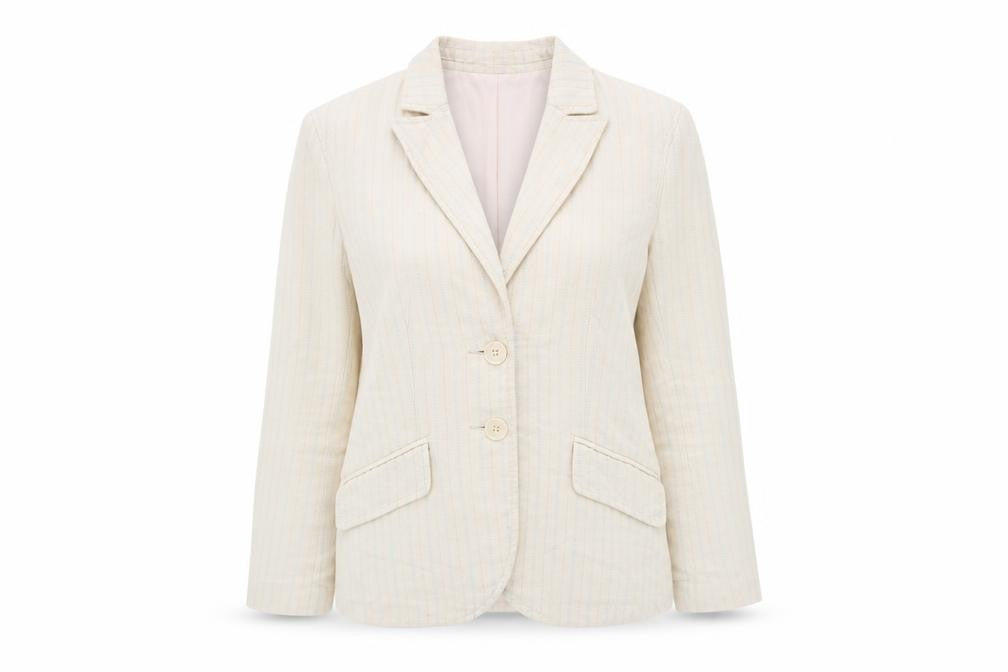 Front view of H&M women’s beige striped jacket blazer, size UK 12, button