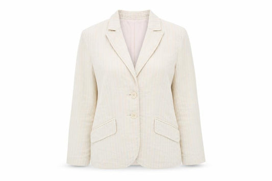 Front view of H&M women’s beige striped jacket blazer, size UK 12, button