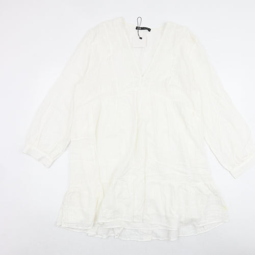 Zara Womens Ivory 100% Cotton A-Line Size XL V-Neck Button